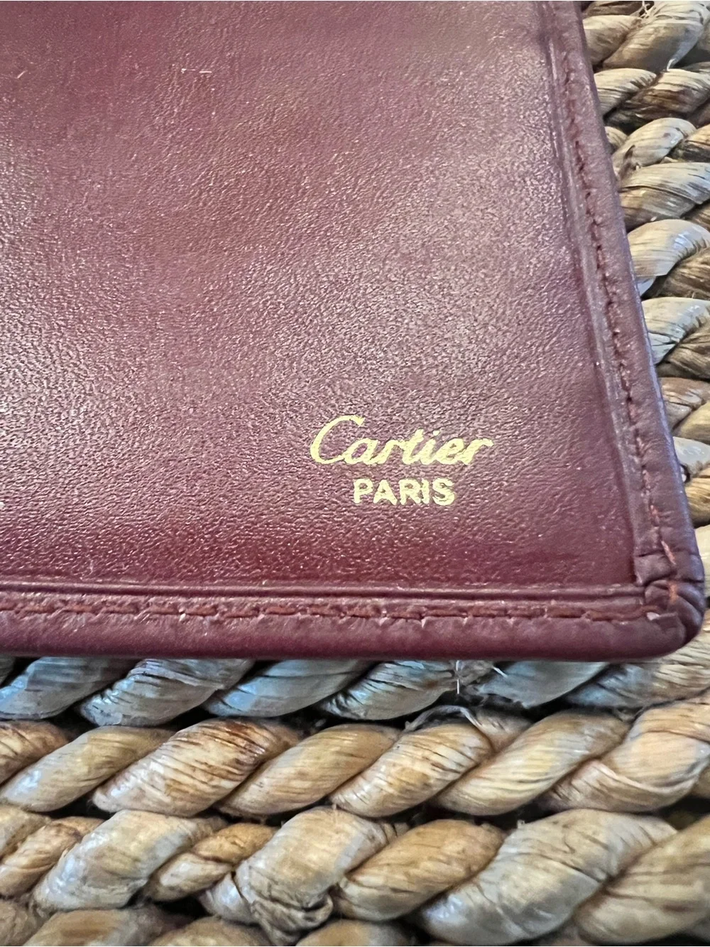 Vintage Must De Cartier Burgundy Leather Long Wallet Checkbook Cover